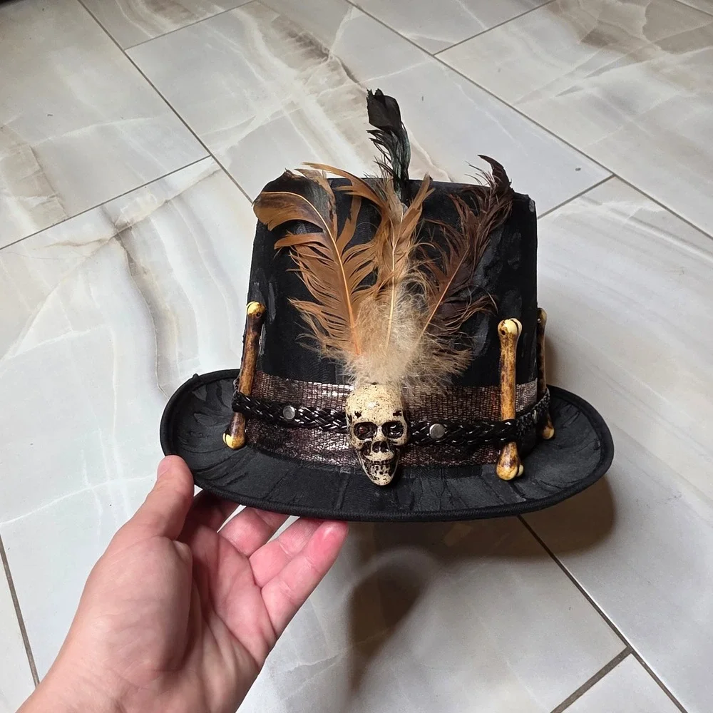 Spirit Halloween Voodoo Witch Doctor Top Hat Skull Bones Feathers Black 01433663